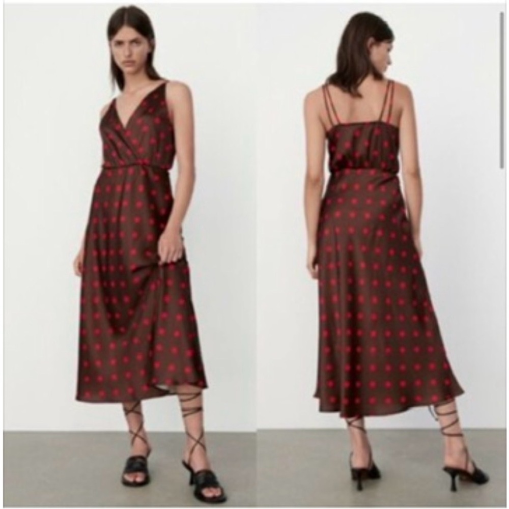 Zara Red Polka Dot Brown Slip Midi Dress Sz S